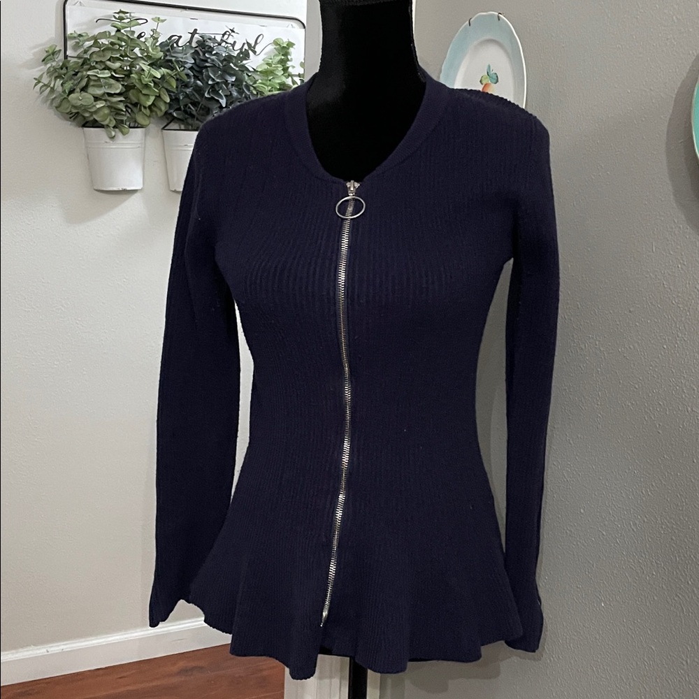 Venus Full Zip Ribbed Cardigan Sweater HiLo Navy Blue Long Slvs